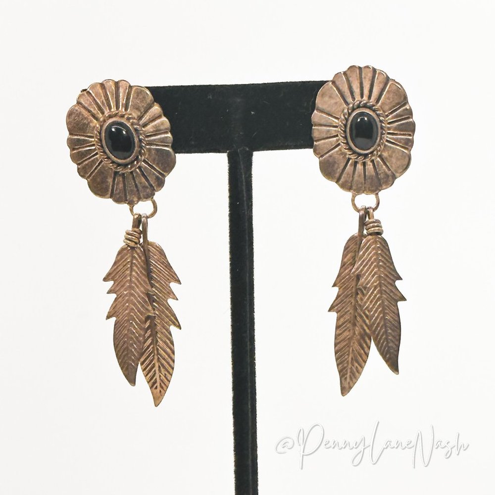 Vintage Oval With Black Onyx & Feather Dangle Earrings